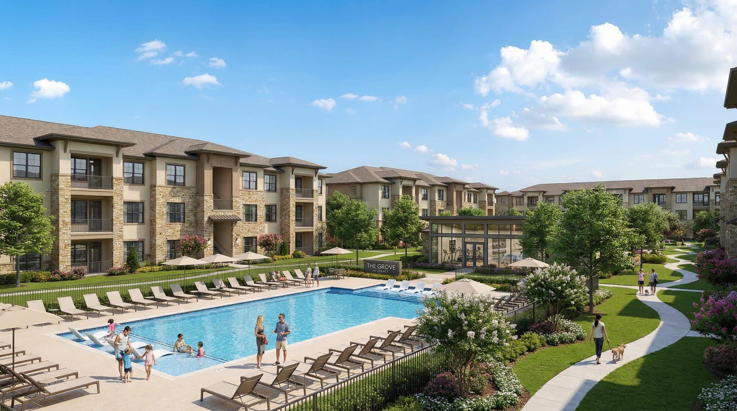 Apartment complex with pool and gardens