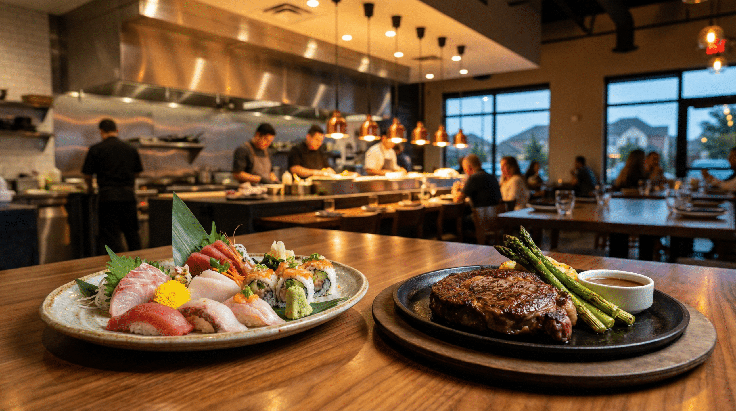Sushi and steak in a restaurant.