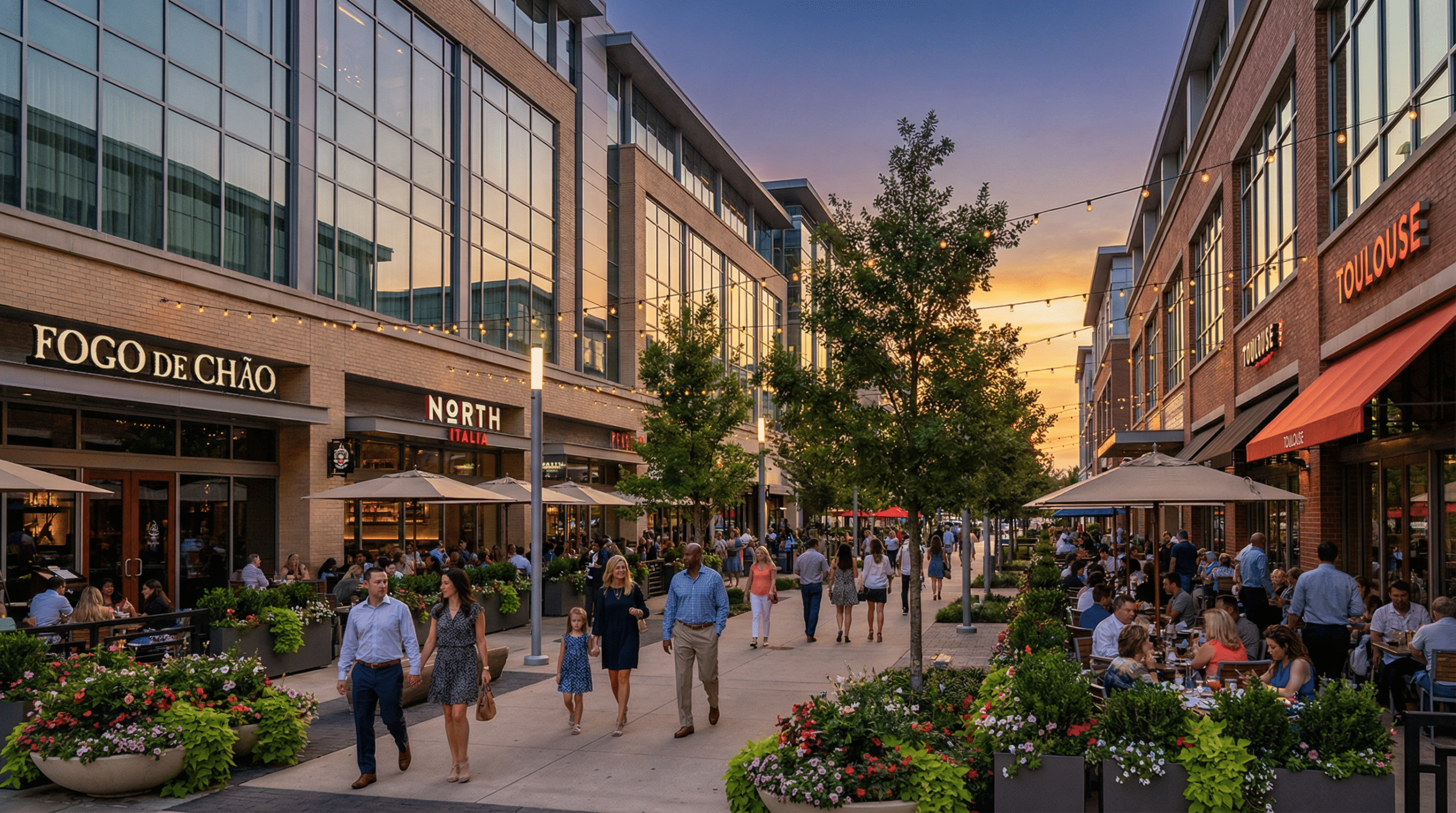Outdoor shopping center at sunset