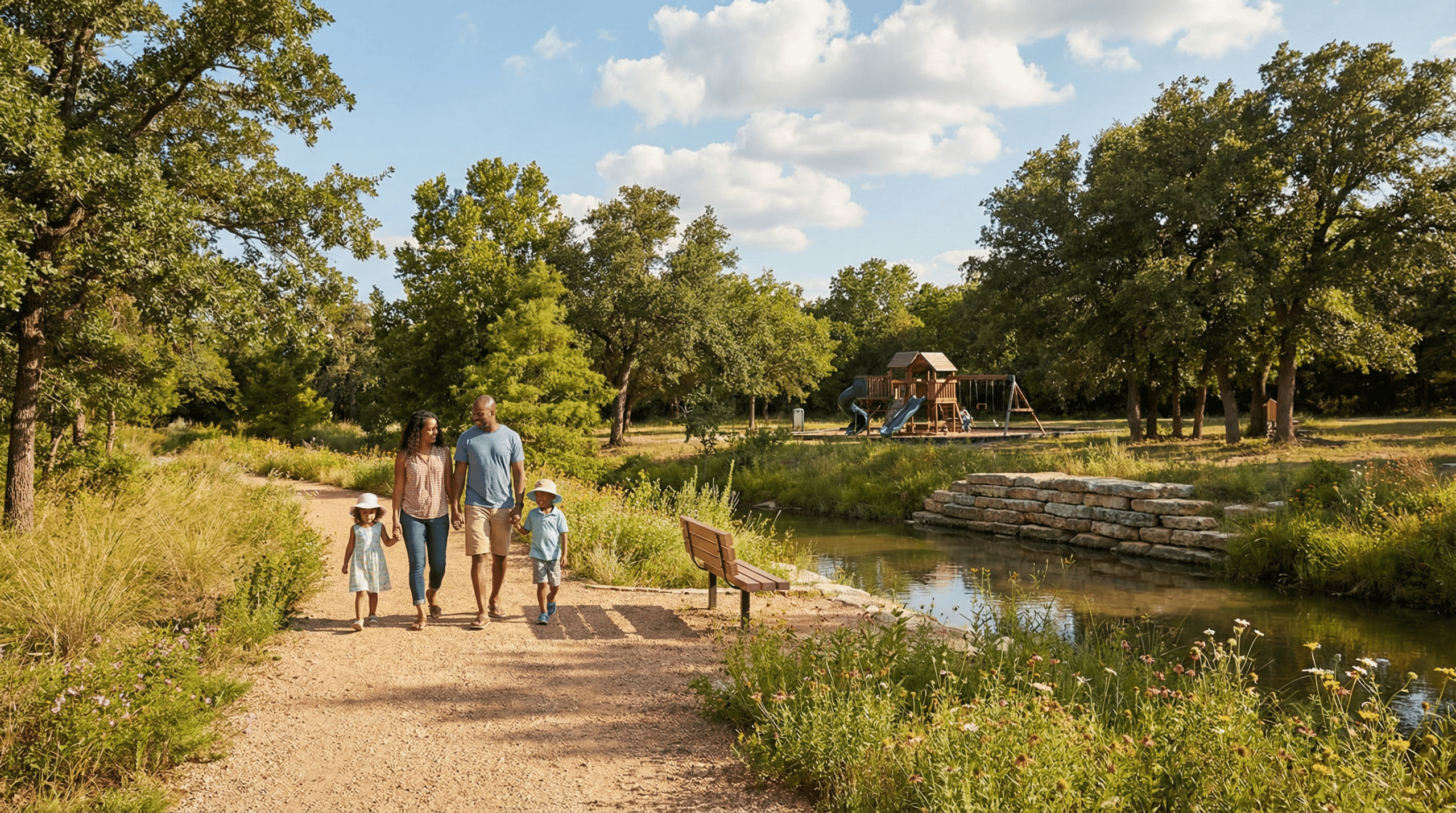 Family walks on park trail