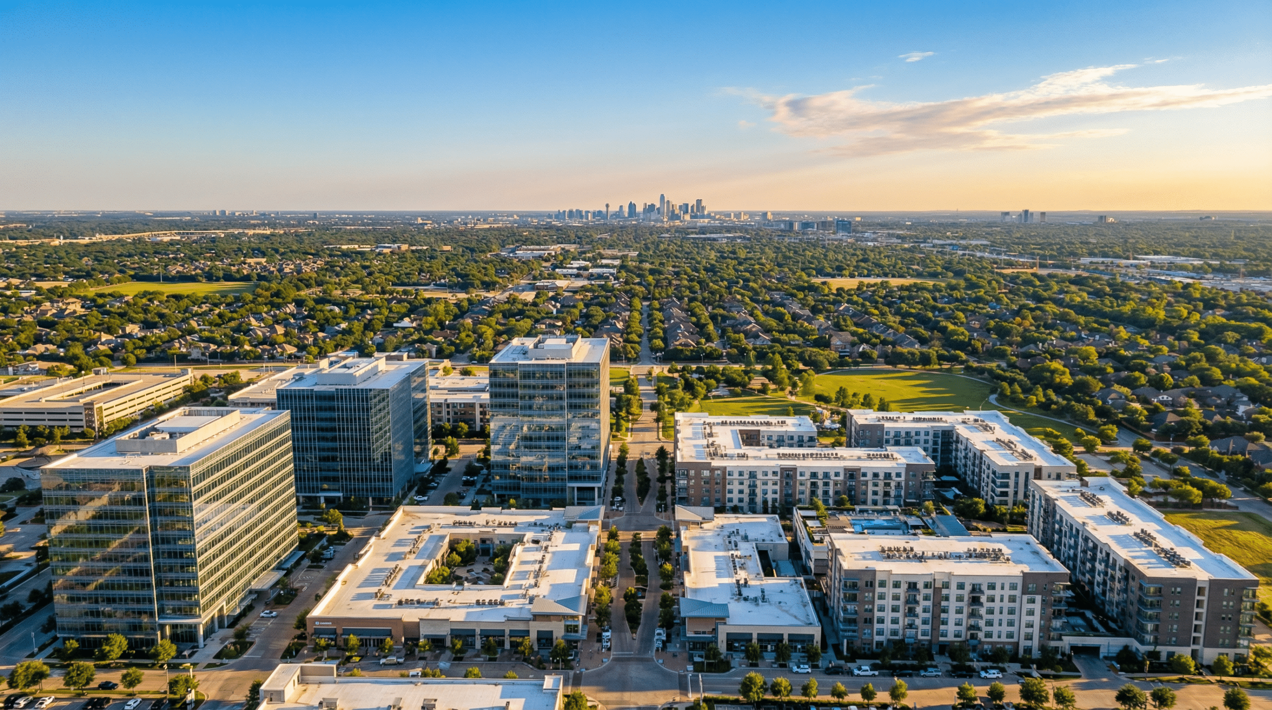 Aerial view of cityscape with skyline
