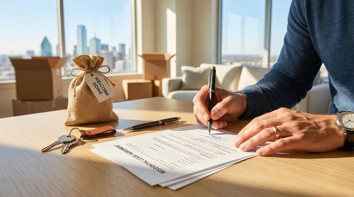 Signing home purchase agreement at sunny apartment
