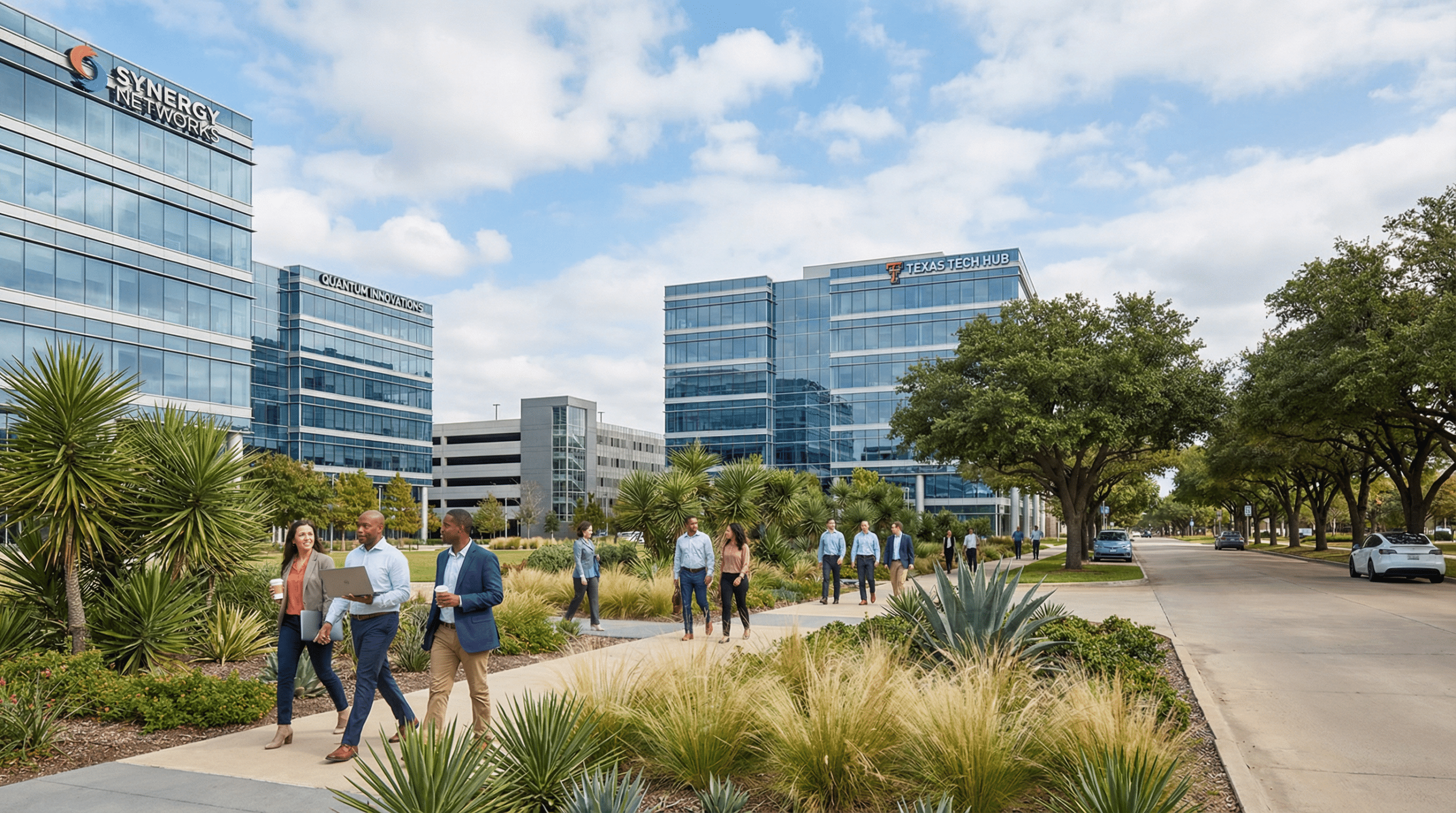 Modern office park with people walking