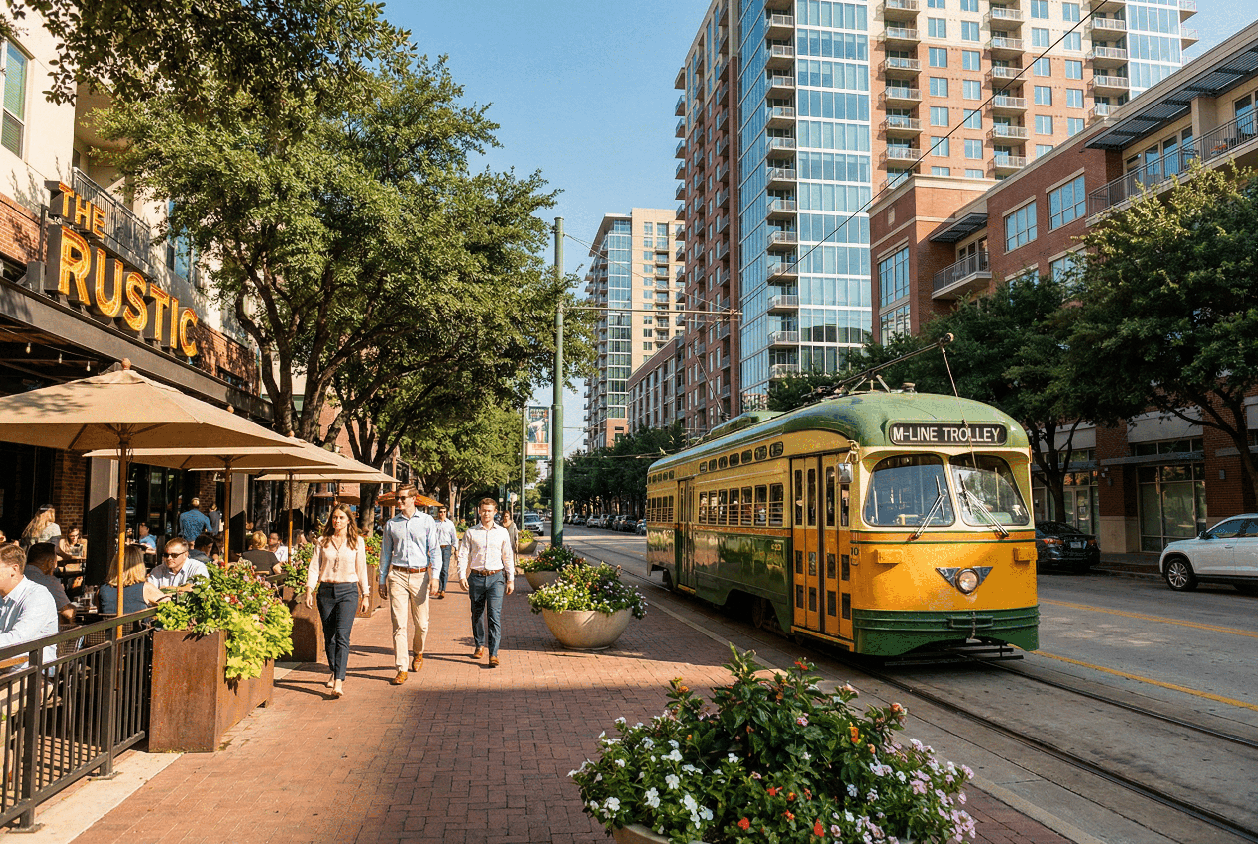 Vintage trolley on urban street