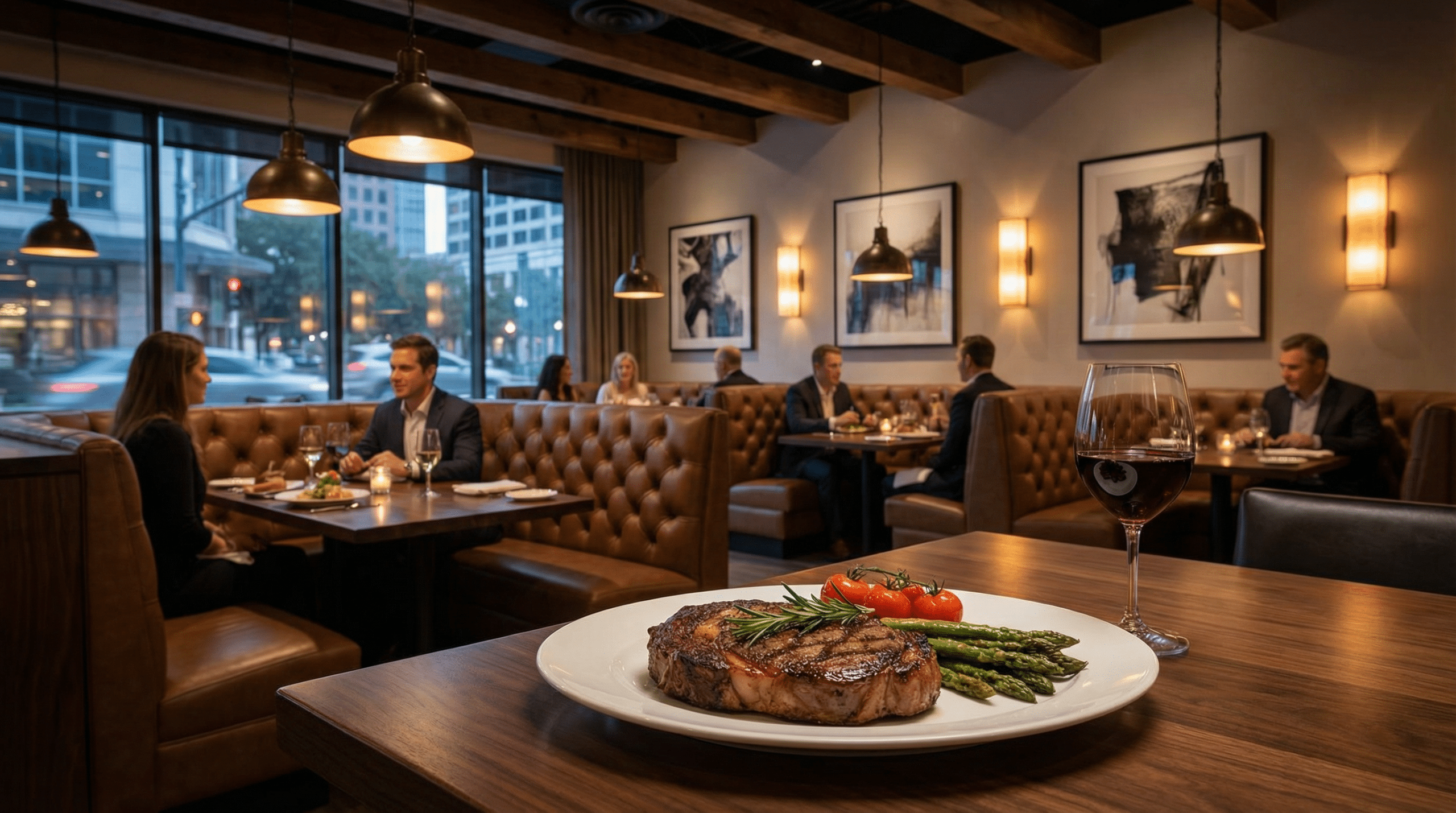 Elegant restaurant interior with steak dinner