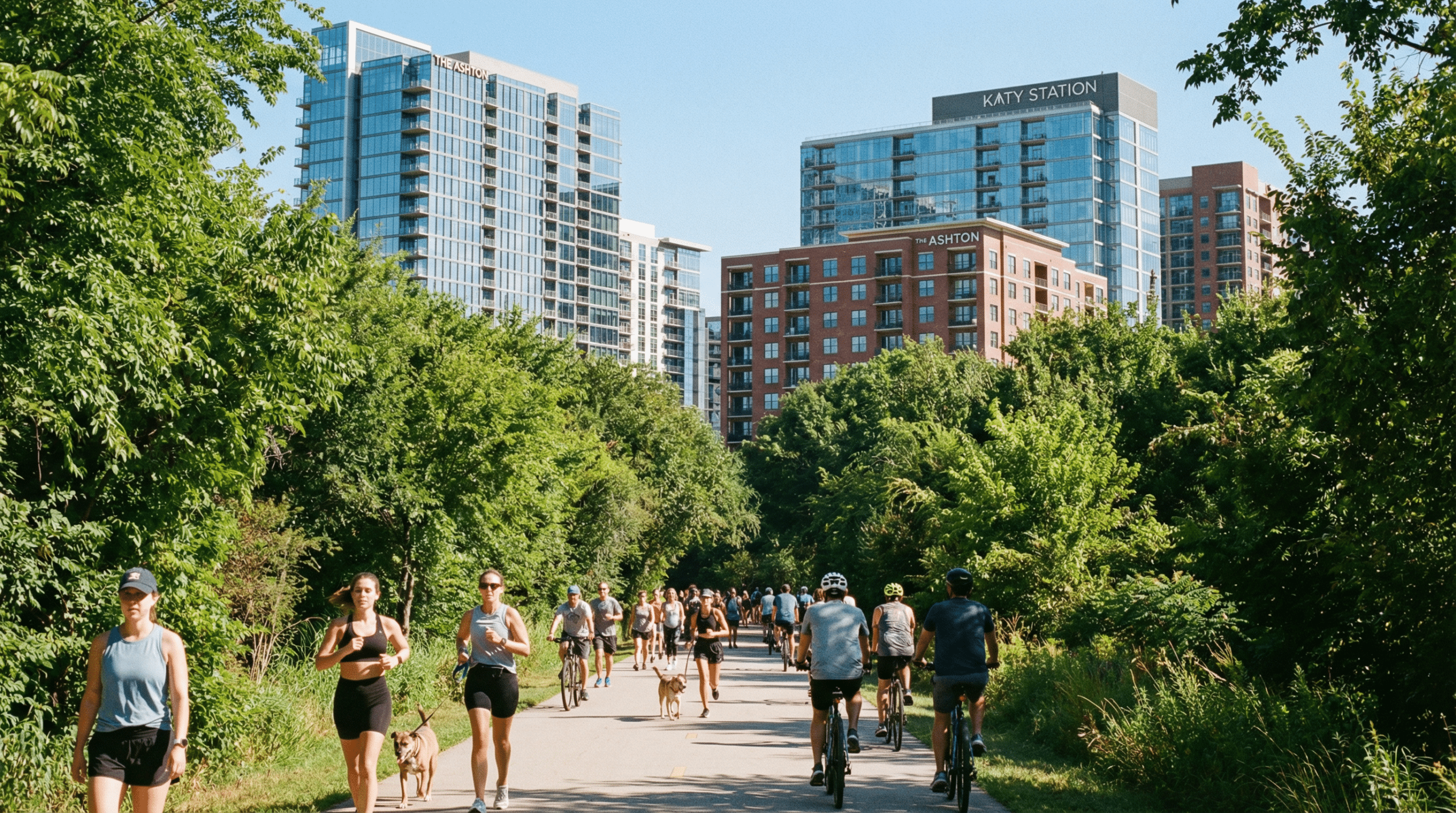People biking and walking on a city path