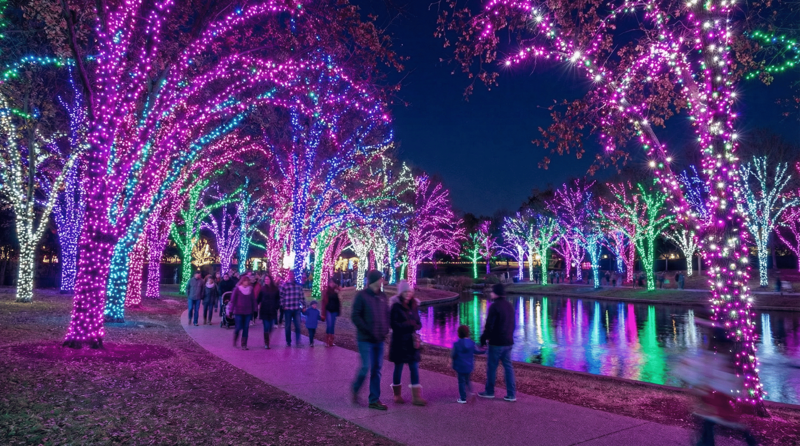 Colorful trees lit up at night