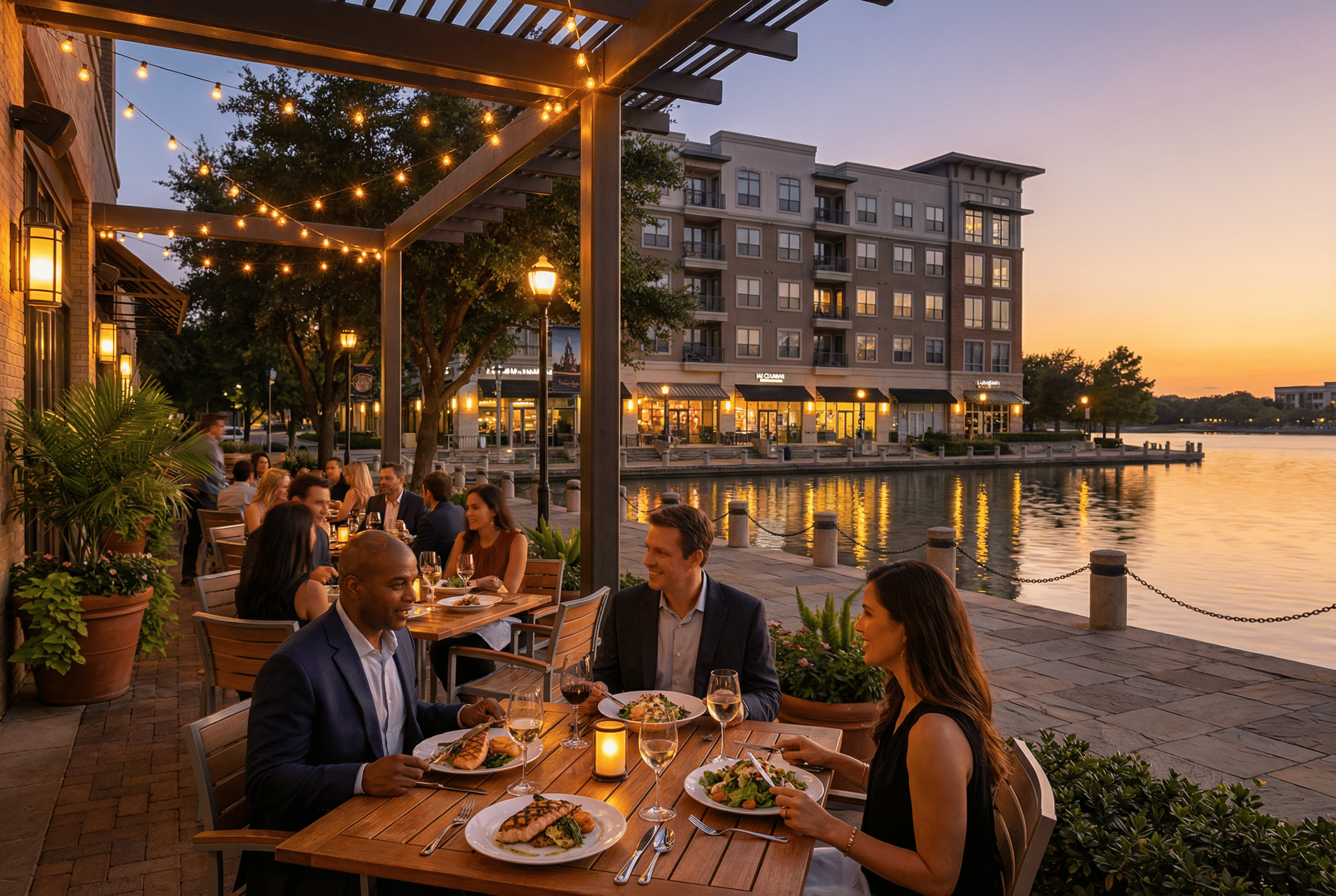 Outdoor dining at sunset by a lake