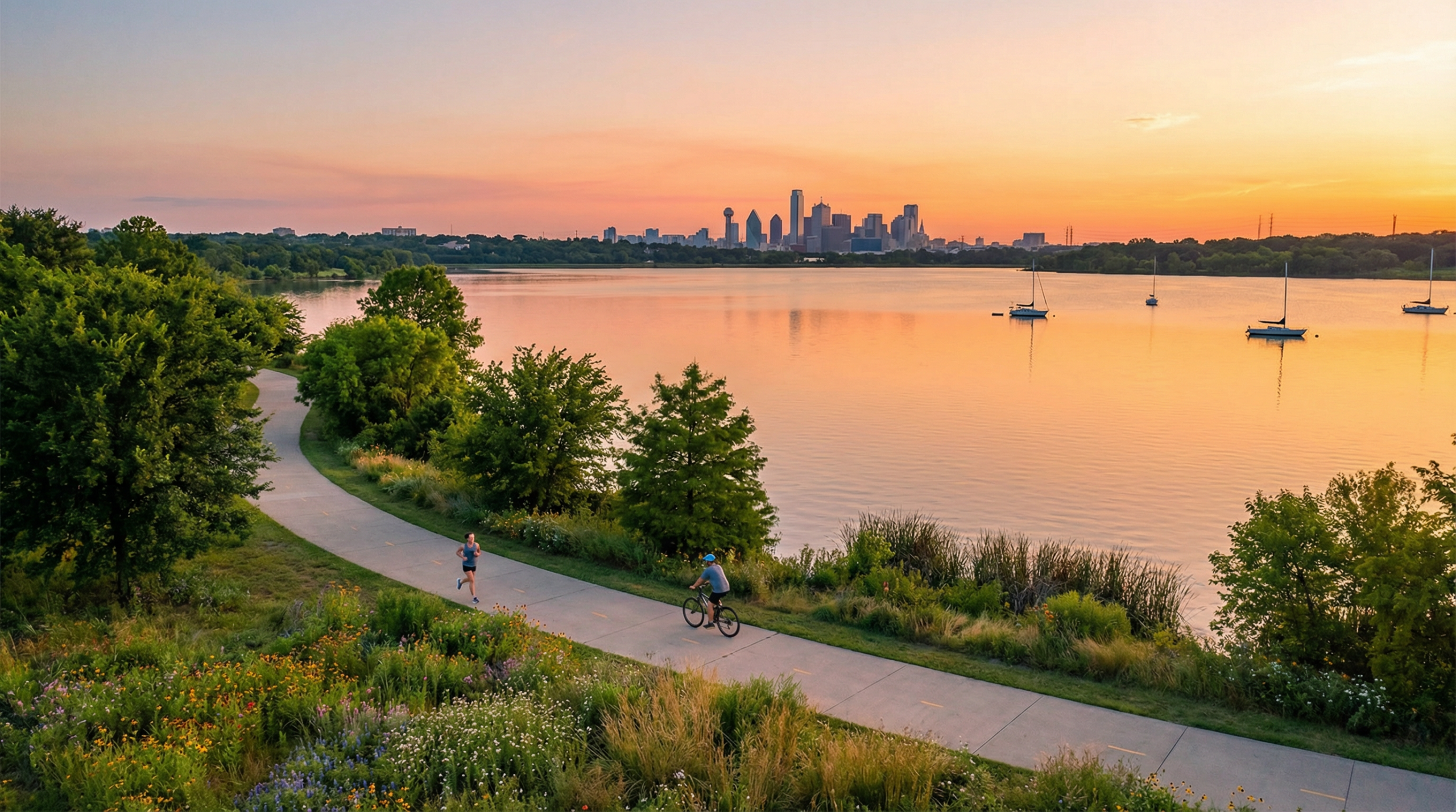 Scenic lake view with city skyline at sunset
