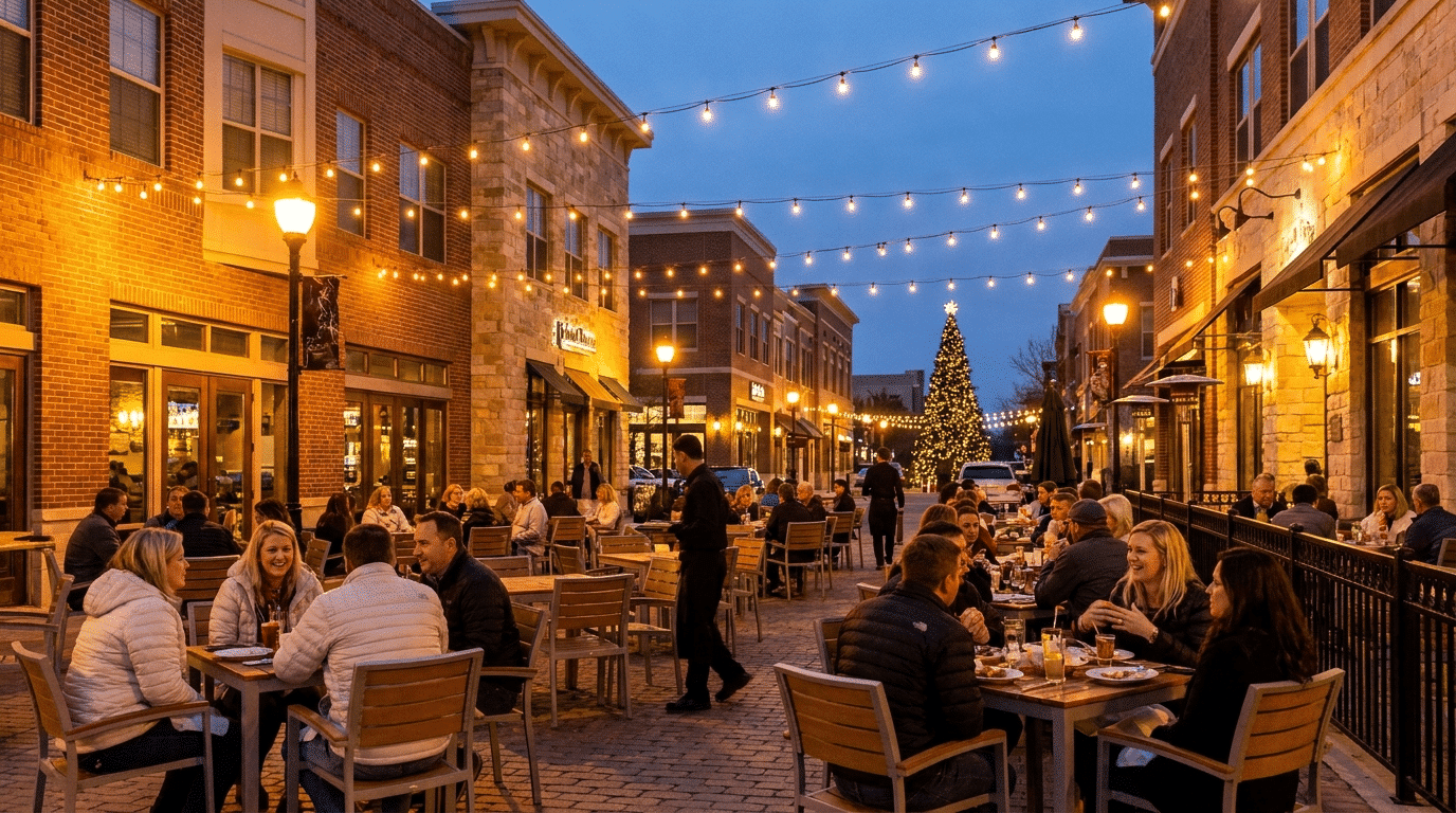 Outdoor dining under string lights at dusk