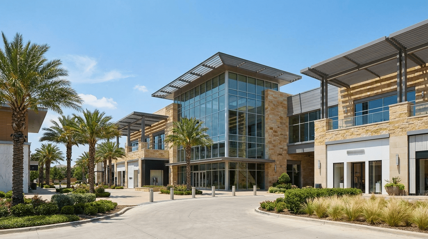 Modern shopping center with glass facade and palm trees