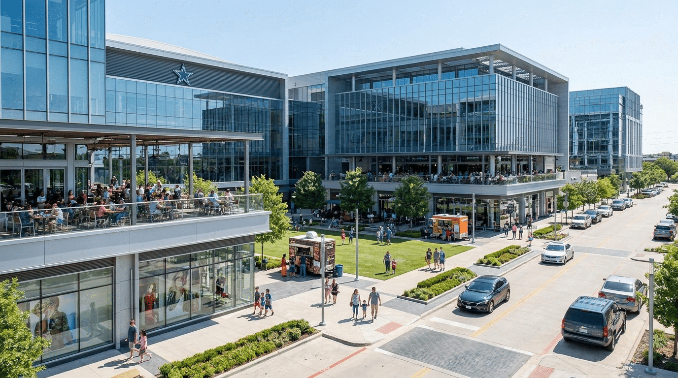 Modern office complex with outdoor plaza and crowd